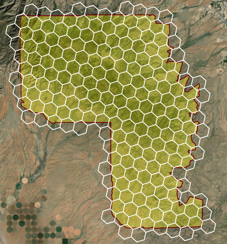 A wildland block tessellated with 1000-meter-edge hexagons, whole cells kept wherever they intersect the boundary so the honeycomb extends past the block's edge