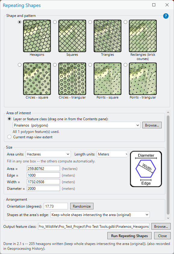The Repeating Shapes window: eight pattern picture tiles, area-of-interest picker, interlocking size boxes beside a hexagon measure diagram, orientation with a Randomize button, and a status line reporting 205 hexagons written and recorded in Geoprocessing History; a blue question-mark help button sits at the top right