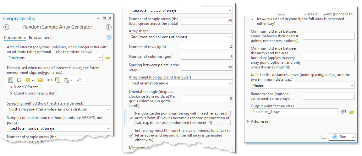 The Random Sample Array Generator dialog set to place 25 grid arrays of 2 by 3 points at 50-meter spacing, with the randomize-point-numbering and entire-array-must-fit options checked