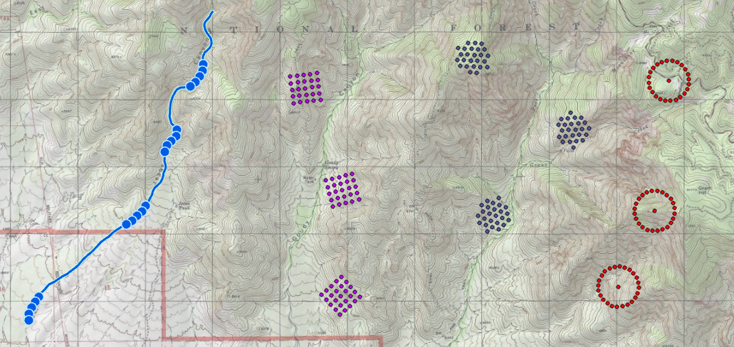 A topographic map with all four array shapes placed on it: a one-dimensional array of points along a stream in blue, square grid arrays in magenta, triangular arrays in dark blue, and circular arrays with their center points in red