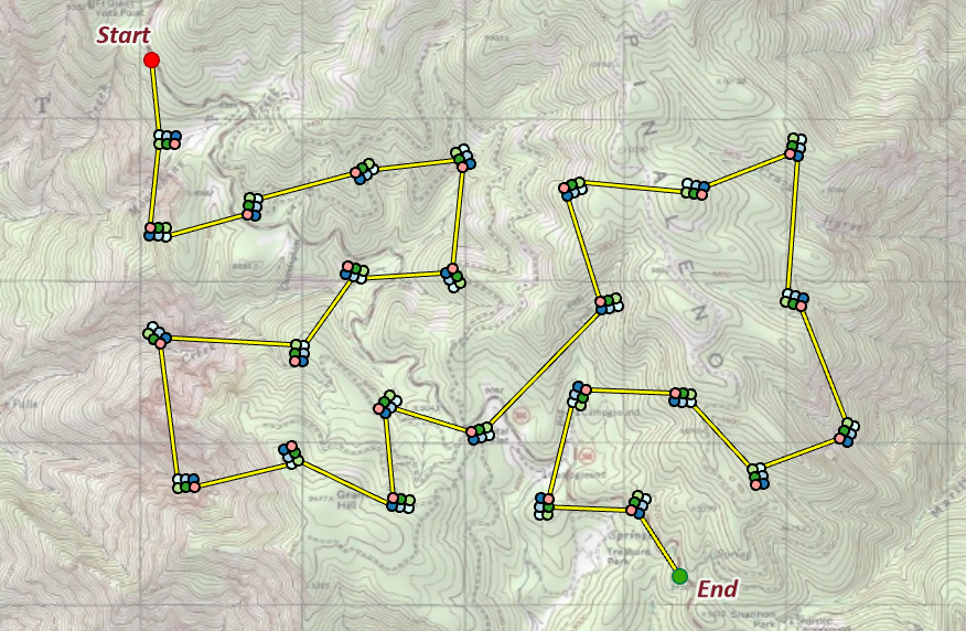A topographic map with a survey route from a Start point through 25 clustered arrays of 6 points each to an End point; the route strides efficiently between the arrays
