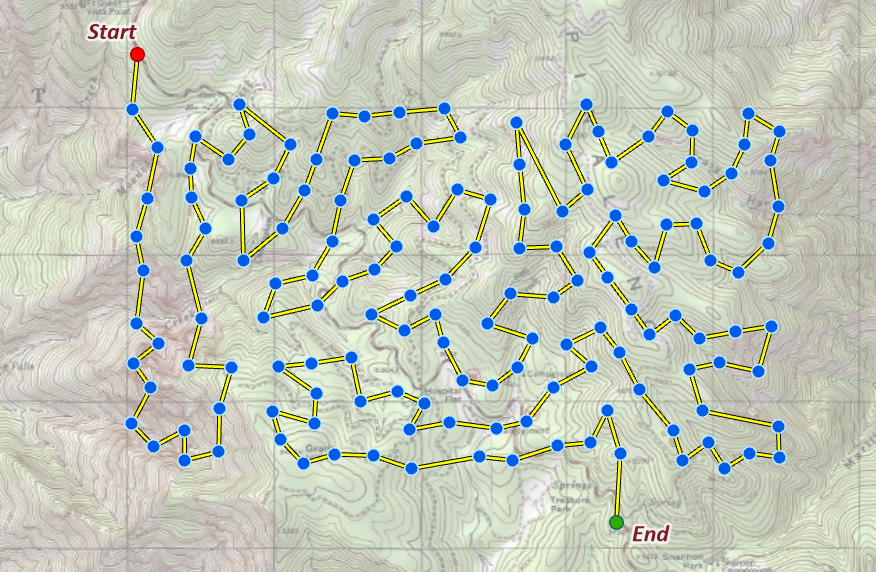 The same map with a survey route through 150 scattered single points; the route wanders back and forth across the entire area