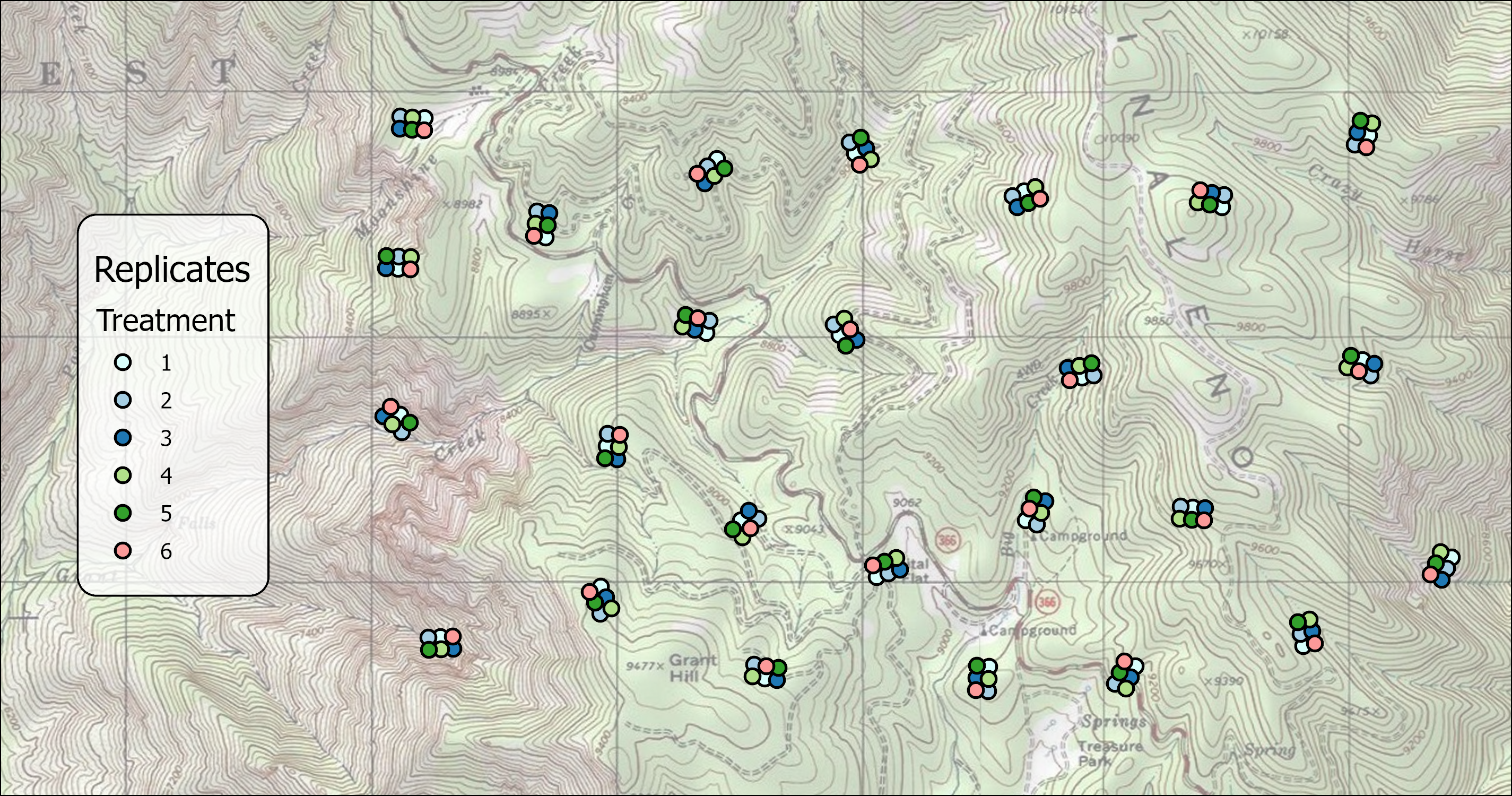 A topographic map with 25 replicate arrays of six points, each point colored by Treatment 1 through 6; the six colors appear once in every array but in a different arrangement each time