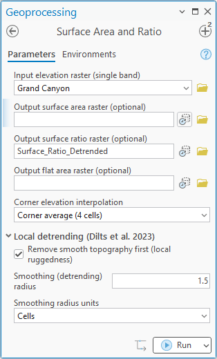 The Surface Area and Ratio pane with only the output surface ratio raster filled in, named Surface_Ratio_Detrended, the corner average interpolation, and the Local detrending group open with Remove smooth topography first checked, smoothing radius 1.5, units Cells