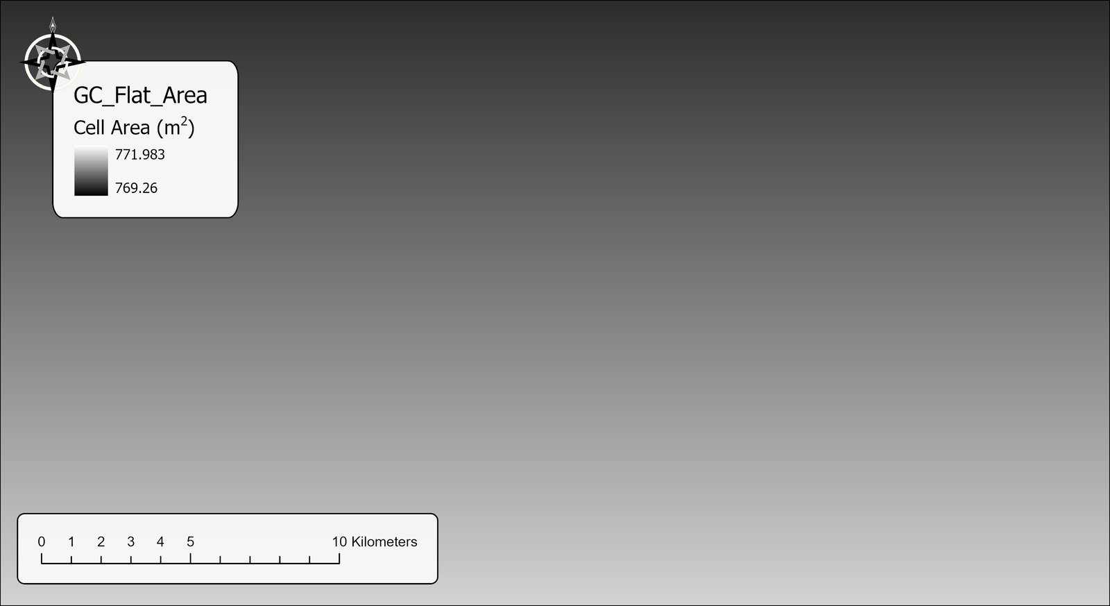 The GC_Flat_Area raster: a smooth gray gradient from dark at the top of the map to light at the bottom, legend Cell Area in square meters from 769.26 to 771.98
