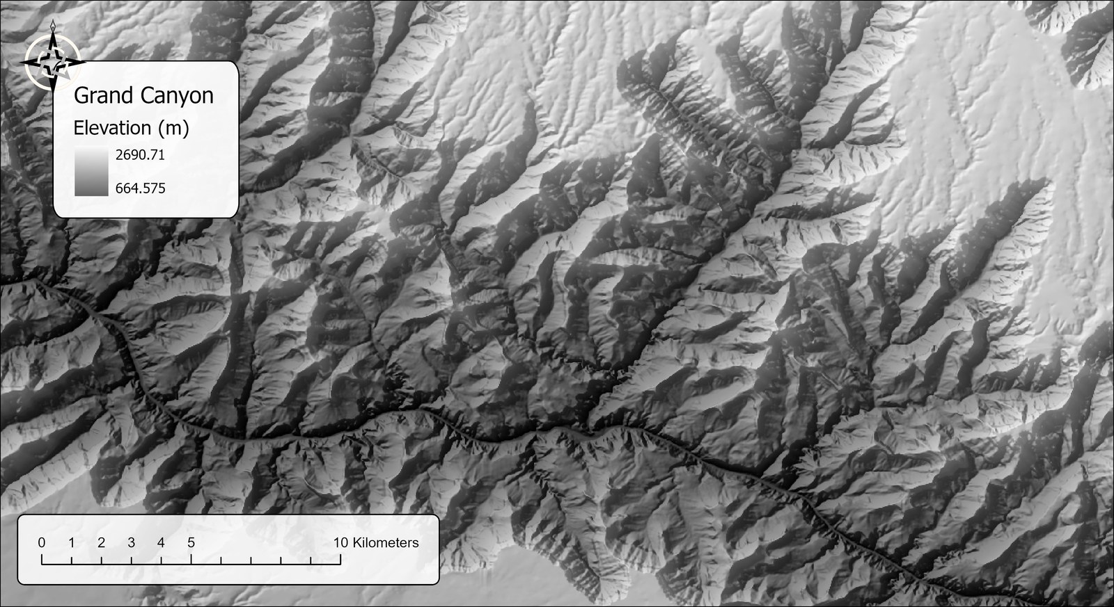 A hillshaded elevation map of part of the Grand Canyon, 665 to 2,691 meters, with the Colorado River winding through the bottom and side canyons branching off both rims; scale bar of 10 kilometers
