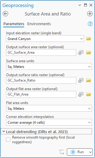 The Surface Area and Ratio geoprocessing pane: input Grand Canyon, output surface area raster GC_Surface_Area in square meters, output surface ratio raster GC_Surface_Ratio, output flat area raster GC_Flat_Area in square meters, corner elevation interpolation Corner average (4 cells), and the Local detrending group with Remove smooth topography first unchecked