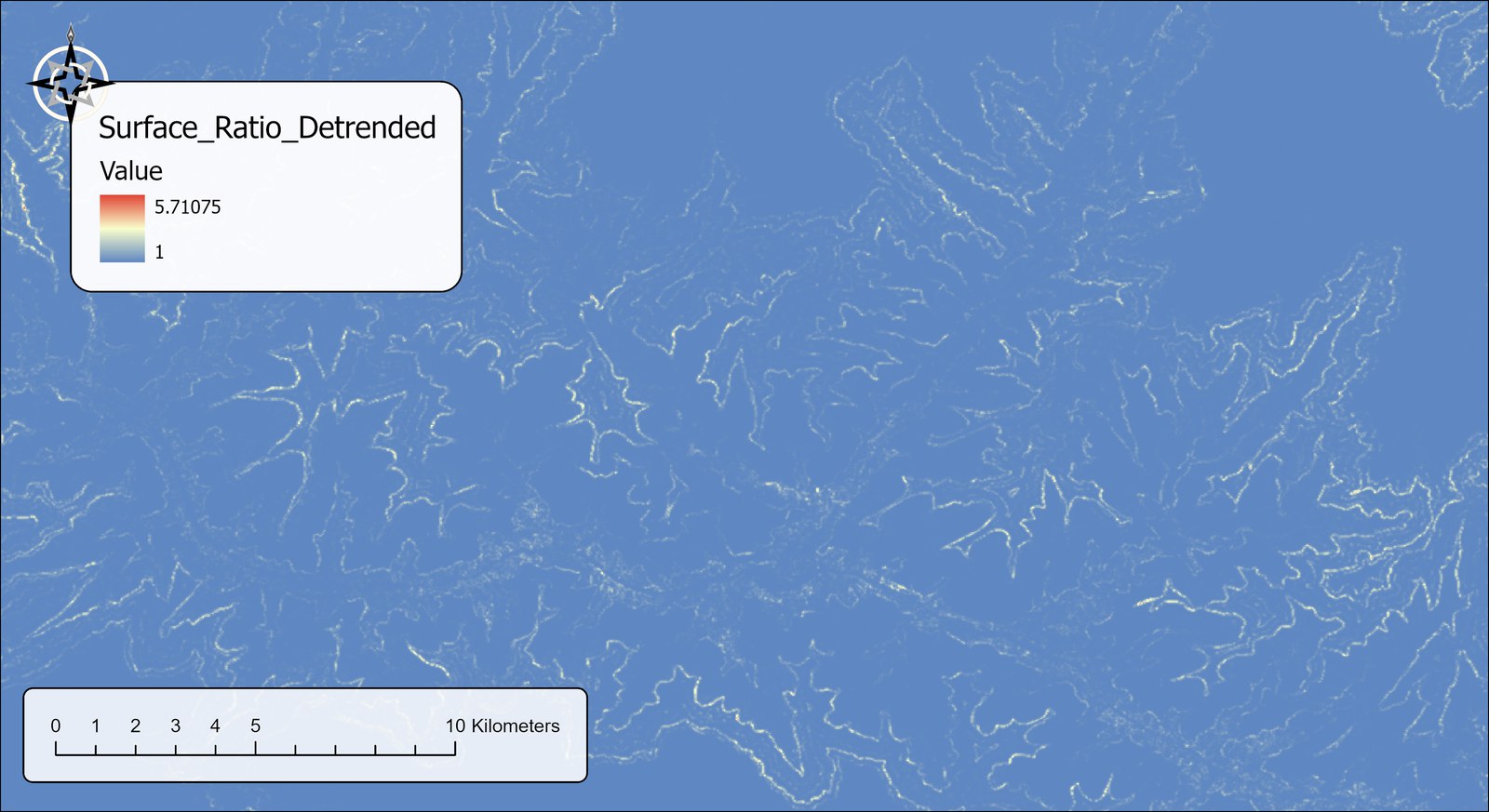 The Surface_Ratio_Detrended raster over the same area: the broad bright cliff bands of the earlier map have thinned to faint, speckled lines, and most of the map is uniform blue; legend Value from 1 to 5.71075
