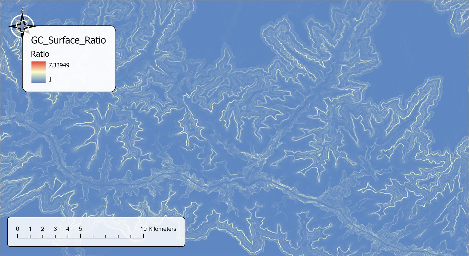 The GC_Surface_Ratio raster over the same area, with the same pattern of bright cliff bands on a blue background; legend Ratio from 1 to 7.33949