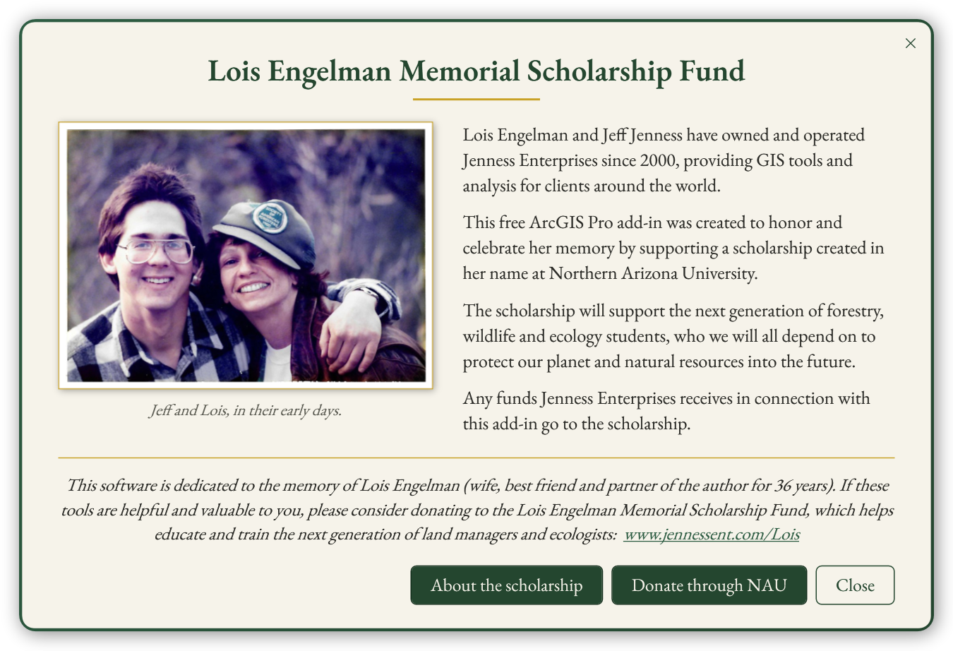 A parchment-colored card titled Lois Engelman Memorial Scholarship Fund, with a photograph of Jeff and Lois on the left, four short paragraphs about the scholarship on the right, the dedication below them, and three buttons: About the scholarship, Donate through NAU, and Close