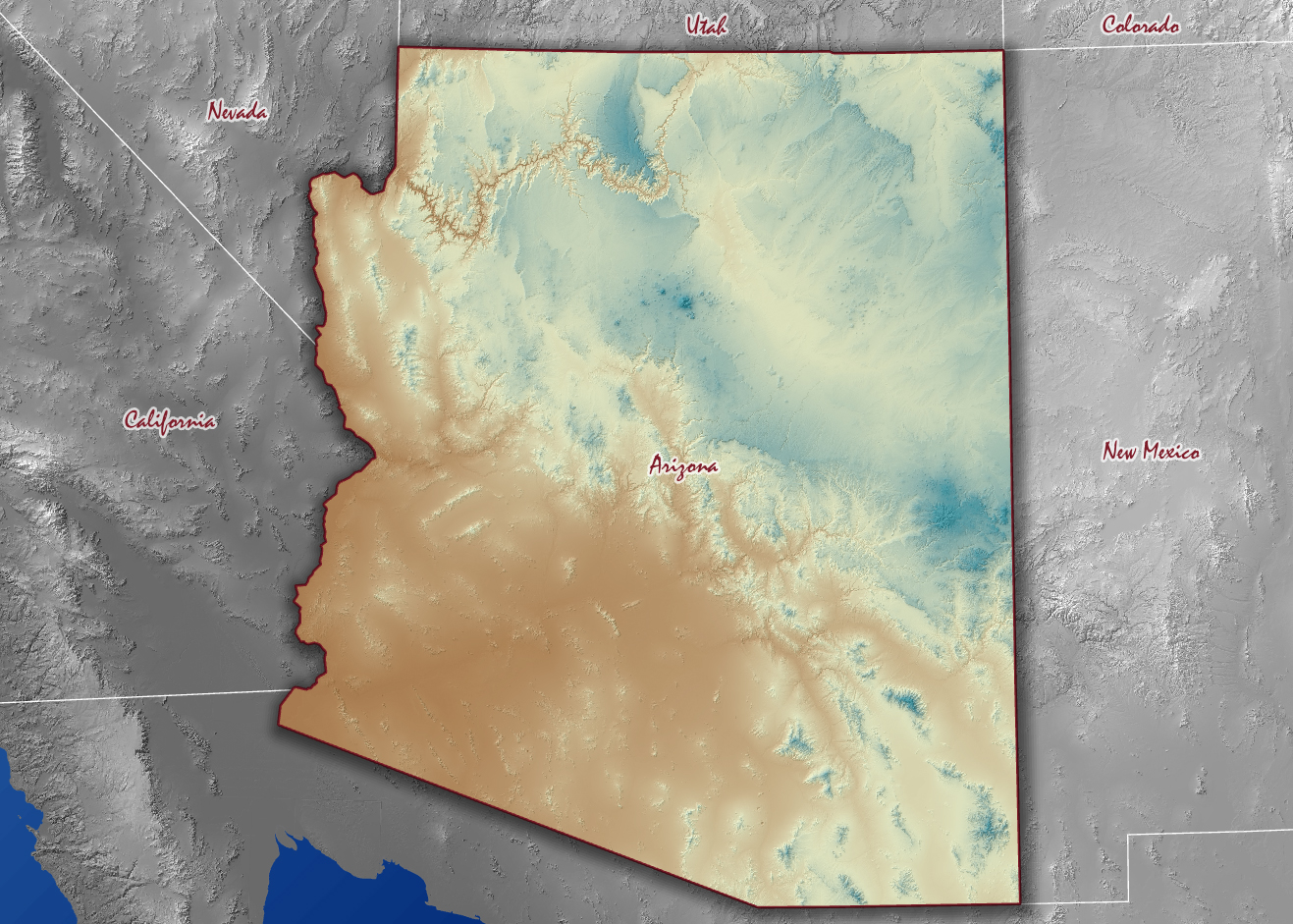 The same map with a soft dark shadow along the outside of the Arizona border, heaviest along the southern and eastern borders and fading out into the gray hillshade of the neighboring states, so that Arizona appears raised above them