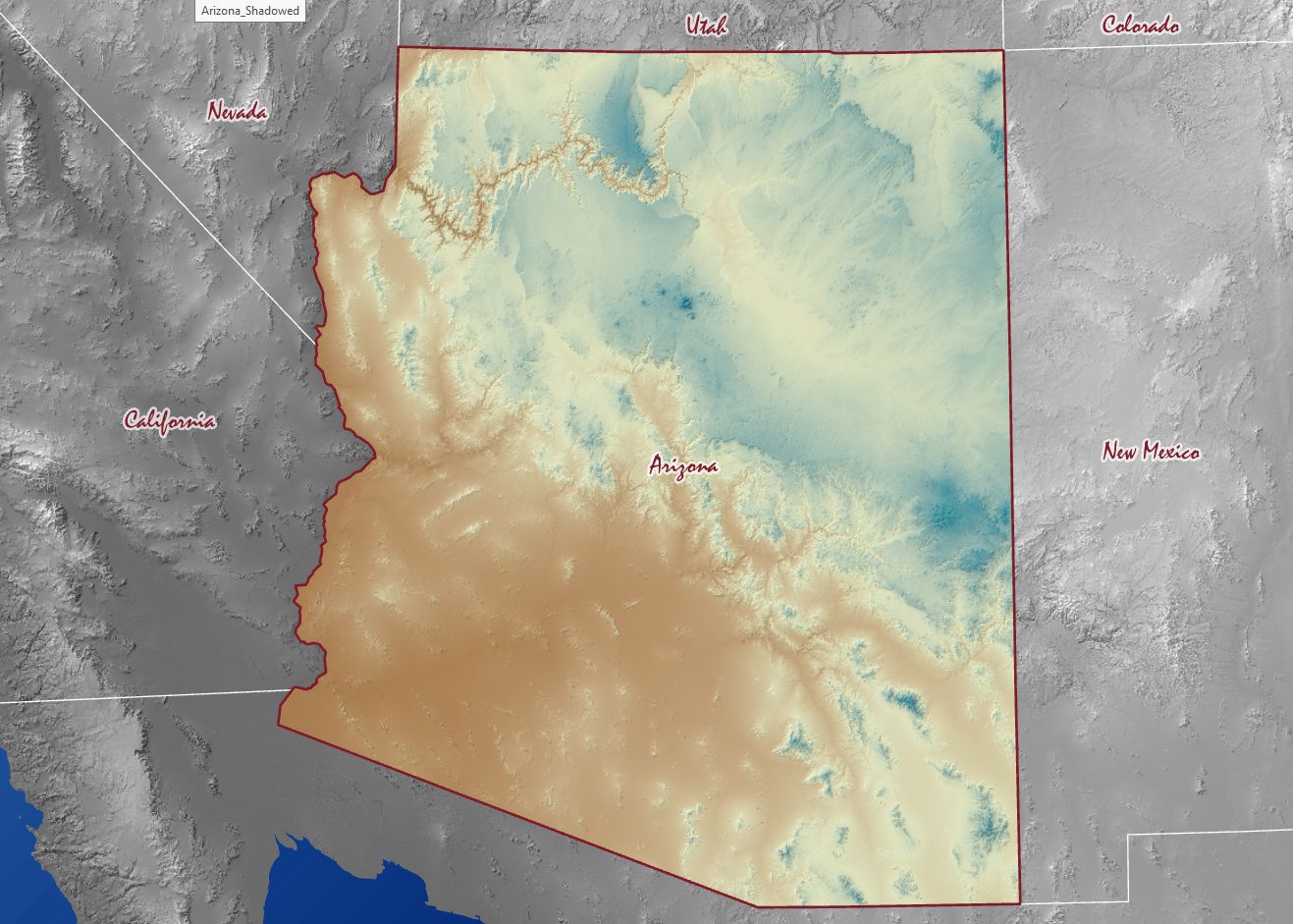 A map of Arizona and its neighbors. Arizona is shown in color, a hypsometric tint from tan lowlands to blue-green highlands with the Grand Canyon as a dark green scar across the north, outlined in dark red. Nevada, Utah, Colorado, New Mexico, California and Mexico around it are a gray hillshade, with the state names in a red script