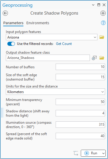 The Create Shadow Polygons dialog: input Arizona with Use the filtered records switched on, output Arizona_Shadows, 10 buffers, a soft edge of 15, units Kilometers, minimum transparency 50, shadow distance 4, illumination source 315, spread 40