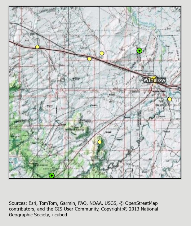 The same map frame with its corner clear of text. Below the page, on the gray area outside it, sits the credits text, now reading: Sources: Esri, TomTom, Garmin, FAO, NOAA, USGS, copyright OpenStreetMap contributors, and the GIS User Community, Copyright: copyright 2013 National Geographic Society, i-cubed