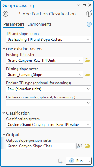The Slope Position Classification pane with the same two existing rasters, Declare TPI type Raw (elevation units), classification system Custom Grand Canyon, using Raw TPI values, and output Grand_Canyon_Slope_Class, with no warning