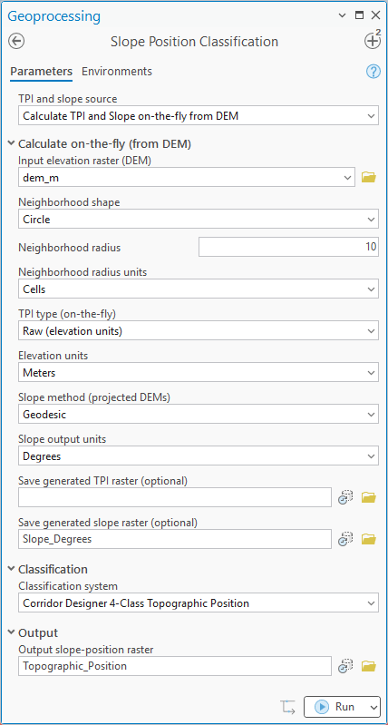 The Slope Position Classification geoprocessing pane: TPI and slope calculated on the fly from dem_m, circle neighborhood, radius 10 cells, raw TPI in elevation units, meters, the generated slope raster saved as Slope_Degrees, the Corridor Designer 4-Class Topographic Position system, output Topographic_Position