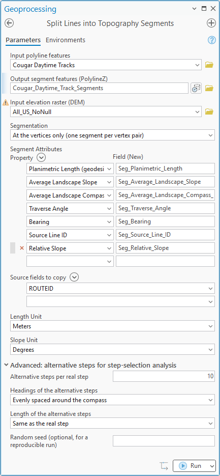 The Split Lines pane set up for the case study: Cougar Daytime Tracks in, the All_US_NoNull DEM, vertices-only segmentation, seven attributes, ROUTEID copied, and the Advanced group open with 10 alternative steps per real step, evenly spaced headings and same-as-real-step lengths