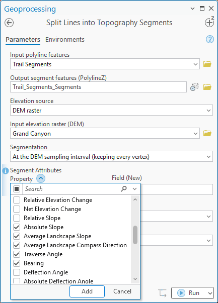 The Split Lines into Topography Segments pane with the Property checklist dropped down under the Segment Attributes grid: a search box, a tick-all box, and the attribute list with Absolute Slope, Average Landscape Slope, Average Landscape Compass Direction, Traverse Angle and Bearing ticked, and Add and Cancel buttons