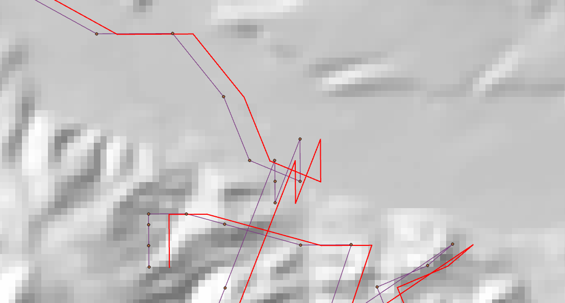A hillshade with a purple GPS track and its red segments drawn about 200 meters apart, though they share the same coordinates on disk