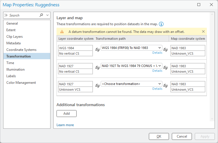 The Map Properties Transformation tab listing three layer-to-map pairs; the NAD 1927 pair with a vertical coordinate system shows Choose transformation with none selected and a warning that a datum transformation cannot be found