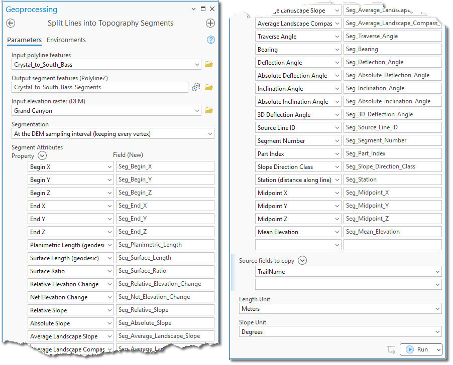 The Split Lines into Topography Segments pane in two halves: the Crystal to South Bass trail as input, the Grand Canyon DEM, the Segmentation choice, and the Segment Attributes grid with every one of the 31 attributes chosen and its Seg_ field name filled in, then the Source fields to copy list with TrailName, and the Length and Slope units