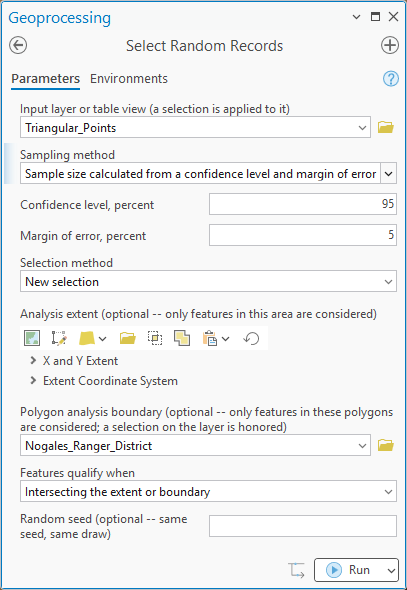 The Select Random Records dialog: input Triangular_Points; Sampling method Sample size calculated from a confidence level and margin of error; Confidence level 95; Margin of error 5; Selection method New selection; an empty Analysis extent; Polygon analysis boundary Nogales_Ranger_District; Features qualify when Intersecting the extent or boundary; an empty Random seed