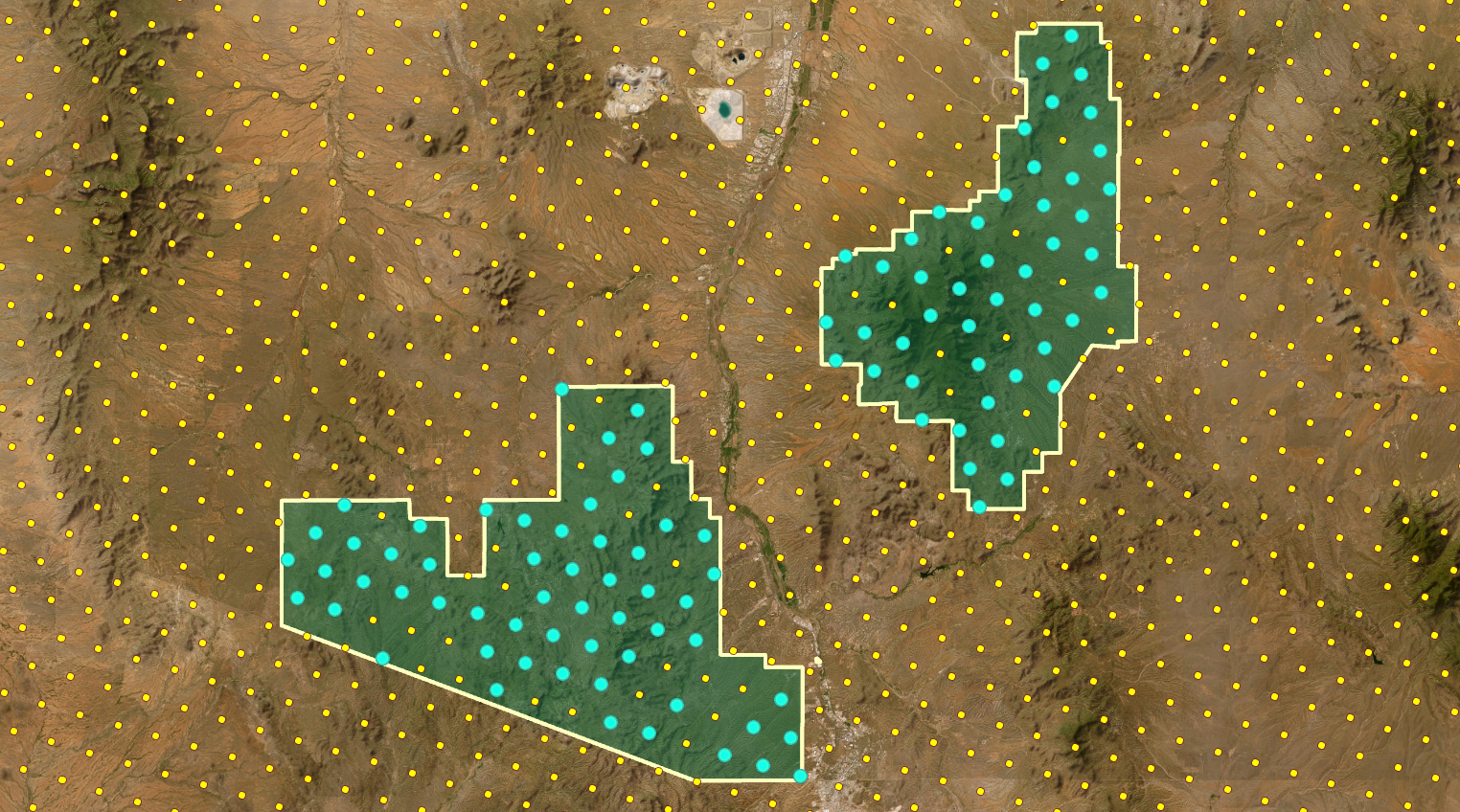 A regular grid of small yellow points over satellite imagery of southern Arizona. Two irregular blocks outlined in pale yellow, the ranger district, hold larger cyan points, the selected sample, among a few small yellow ones that were not selected