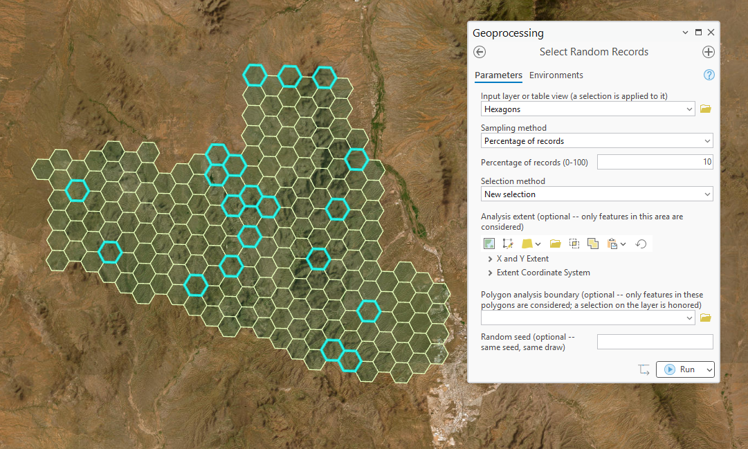 A map of hexagonal cells covering a mountainous study area on satellite imagery, with 20 of the cells outlined in bright cyan as the selection. Beside it, the Select Random Records dialog in the Geoprocessing pane: input Hexagons, Sampling method Percentage of records, Percentage of records 10, Selection method New selection, and empty Analysis extent, Polygon analysis boundary and Random seed entries