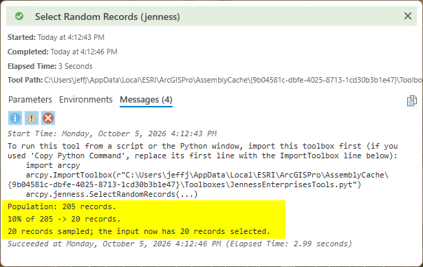 The messages of a finished Select Random Records run. After the standing note on running the tool from Python come three highlighted lines: Population: 205 records. 10% of 205 -> 20 records. 20 records sampled; the input now has 20 records selected. The run took three seconds
