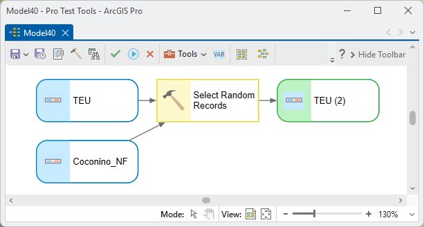 A ModelBuilder model: two blue input ovals, TEU and Coconino_NF, feed a yellow Select Random Records tool, which feeds a green output oval named TEU (2)