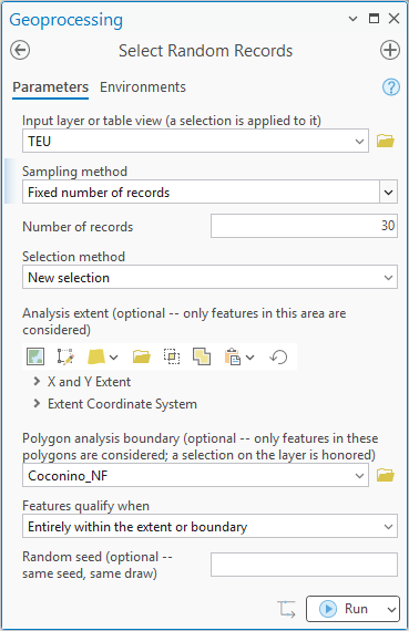 The Select Random Records dialog: input TEU; Sampling method Fixed number of records; Number of records 30; Selection method New selection; Polygon analysis boundary Coconino_NF; Features qualify when Entirely within the extent or boundary