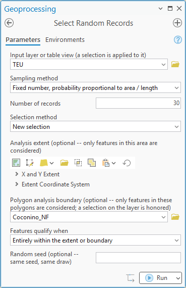 The same dialog with one change: Sampling method is Fixed number, probability proportional to area / length