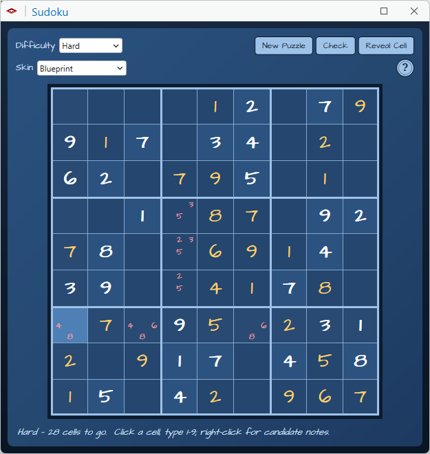 The same puzzle in the Blueprint skin: a navy blue board with pale blue grid lines and buttons, the given digits in white hand-drawn lettering and the entered digits in yellow, and the same small candidate notes in pink