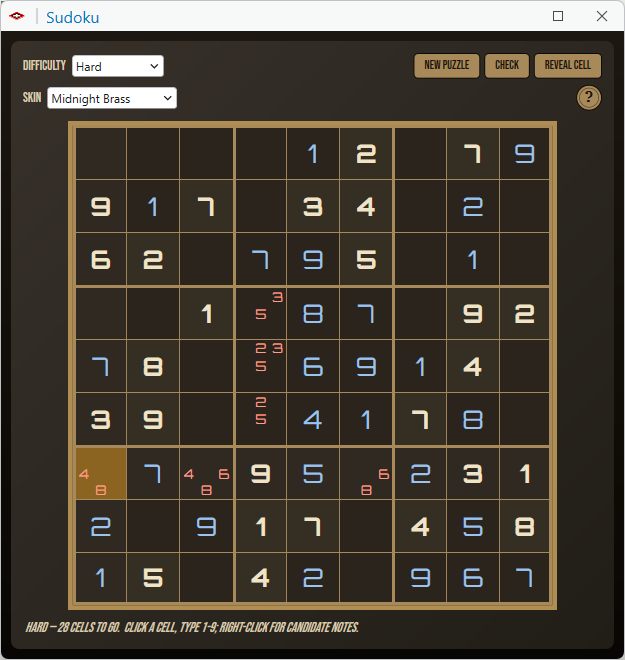 The same puzzle in the Midnight Brass skin: a dark charcoal board in a brass frame with brass buttons, the given digits in cream block lettering and the entered digits in blue, and small red candidate notes in several empty cells, among them 4 and 8 in the selected bottom left cell, which is highlighted in brass