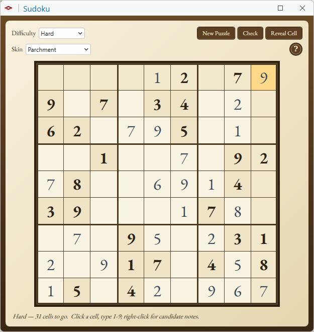 The Sudoku window in the Parchment skin: a cream board in a dark brown frame, the given digits in bold black serif type and the digits entered so far in a lighter slate gray, the top right cell highlighted in yellow. Difficulty Hard and Skin Parchment at the upper left, New Puzzle, Check and Reveal Cell buttons and a round help button at the upper right, and under the board the line: Hard, 31 cells to go. Click a cell, type 1-9; right-click for candidate notes.