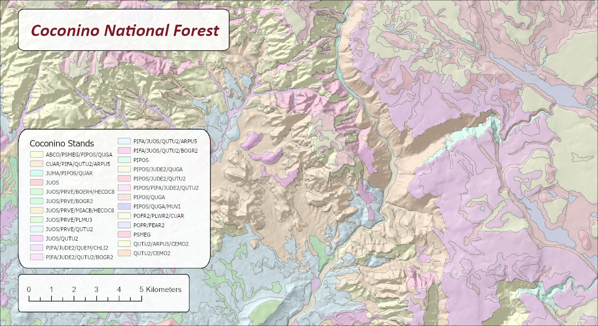 Landtype map units on the Coconino National Forest over a hillshade, colored by potential natural vegetation type, with a legend of about thirty type codes such as PIPOS/QUGA and JUOS/QUTU2 and a 5 kilometer scale bar