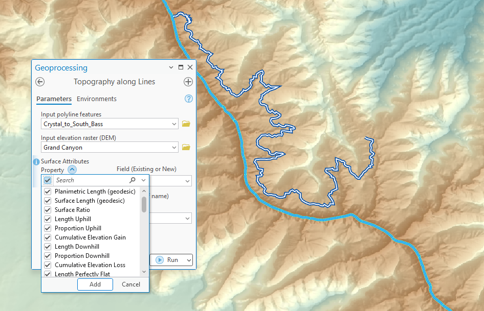 The Topography along Lines geoprocessing pane floating over a hillshaded map of the Grand Canyon with the trail drawn in blue. Input polyline features is Crystal_to_South_Bass, the DEM is Grand Canyon, and the Property dropdown of the Surface Attributes grid is open, showing a checkbox at the top of the list and the first ten statistics all checked