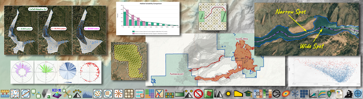 A collage of results from the tools: adaptive LoCoH home ranges at three parameter values, a habitat suitability comparison chart, a least-cost path on a cost grid, a corridor bottleneck analysis marking the narrow and wide spots, four polar plots, a hexagon tessellation over a field, a modeled corridor map near Tumacacori and Santa Rita, and a scatter plot, above a row of the add-in's tool icons