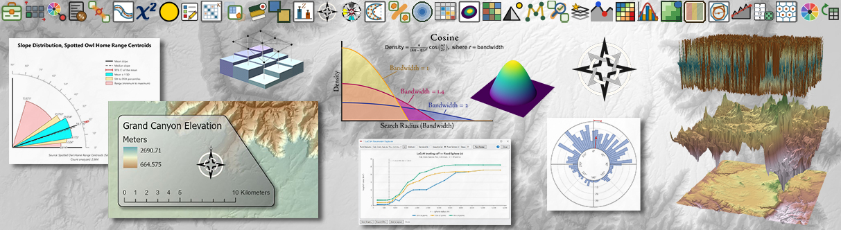 A collage of results from the tools: a slope graphic for spotted owl home range centroids, a Grand Canyon elevation map with a compass rose, a repeating-shapes tessellation, kernel density curves at three bandwidths, a LoCoH parameter chart, a polar plot and three-dimensional terrain views, under a row of the add-in's tool icons