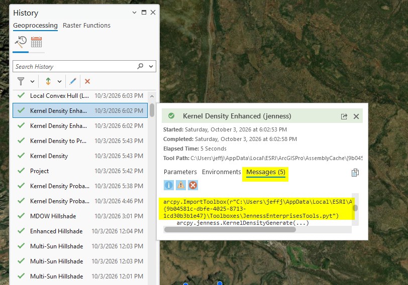 The History pane with one Kernel Density Enhanced run selected and its details popup open, showing the Tool Path entry and, on the Messages tab, the highlighted arcpy.ImportToolbox line