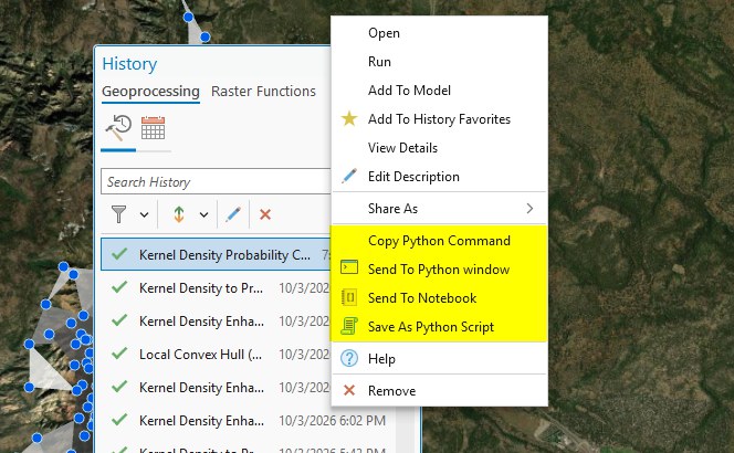 The right-click menu of a run in the History pane, with Copy Python Command, Send To Python window, Send To Notebook and Save As Python Script highlighted in yellow
