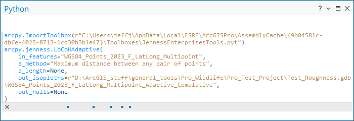 The Python window holding a command sent from the History pane: an arcpy.ImportToolbox line with the full AssemblyCache path to JennessEnterprisesTools.pyt, followed by an arcpy.jenness.LoCoHAdaptive call with its parameters