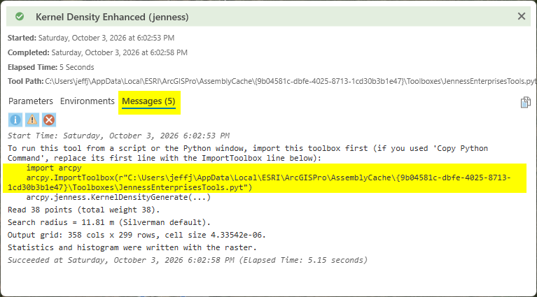 The details window of a Kernel Density Enhanced run with the Messages tab open and the import arcpy and arcpy.ImportToolbox lines highlighted in yellow near the top of the messages
