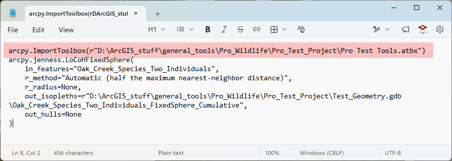 A text editor holding the copied command: the first line, highlighted in red, is arcpy.ImportToolbox pointing at the project's own .atbx toolbox file, followed by a correct arcpy.jenness.LoCoHFixedSphere call