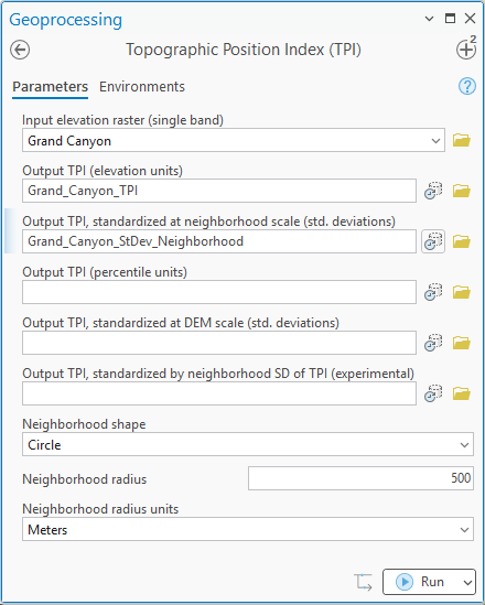 The Topographic Position Index geoprocessing pane: input Grand Canyon, output TPI (elevation units) Grand_Canyon_TPI, output TPI standardized at neighborhood scale Grand_Canyon_StDev_Neighborhood, the percentile, DEM-scale and experimental outputs left blank, neighborhood shape Circle, radius 500, radius units Meters