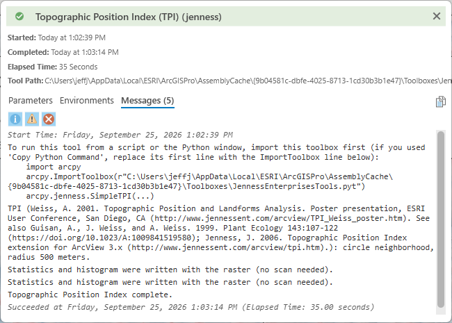 The Topographic Position Index run report, Messages tab: the ImportToolbox scripting hint; the TPI citations and the neighborhood, circle, radius 500 meters; two lines saying statistics and histogram were written with the raster; Topographic Position Index complete; elapsed time 35 seconds
