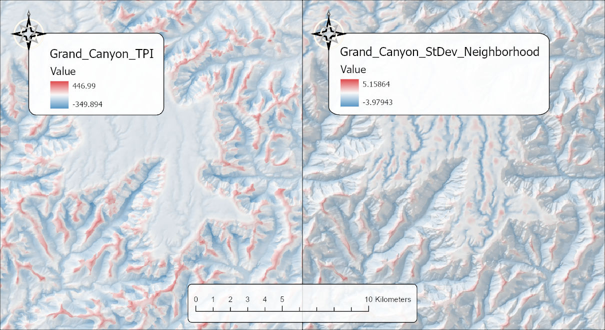 Two maps of the Walhalla Plateau on the North Rim of the Grand Canyon over a hillshade, both in a blue-white-red stretch: on the left the raw TPI, from about -350 to 447, with the broad plateau top nearly white and color only along the canyon rims and drainages; on the right the neighborhood-standardized TPI, from about -4.0 to 5.2, with red and blue detail across the plateau top as well; a 10 kilometer scale bar