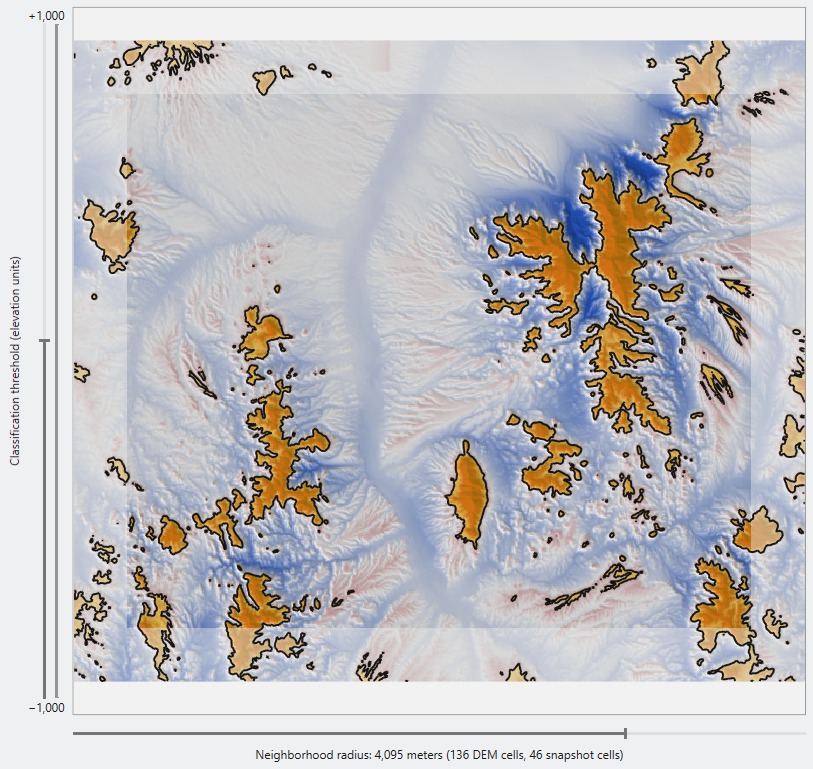 The same picture with a threshold applied: the cells above it are tinted orange with a black outline, taking in the mountain ranges and the small mountain as separate islands