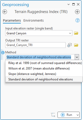 The Terrain Ruggedness Index (TRI) geoprocessing pane: input Grand Canyon, output Grand_Canyon_TRI, and the Method dropdown open showing four choices: Riley et al. 1999 (root of summed squared differences), Wilson et al. 2007 (mean absolute difference), Slope (distance-weighted, Jenness), and Standard deviation of neighborhood elevations