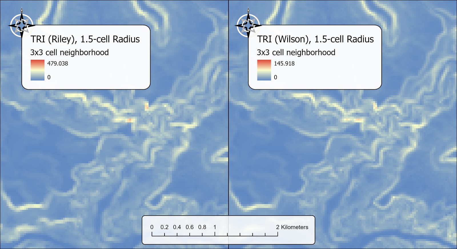 Two maps of the same area side by side at a 1.5-cell radius. Left, TRI (Riley), 0 to 479.038. Right, TRI (Wilson), 0 to 145.918. Both show the same pattern of pale bands following the cliffs on a blue background.